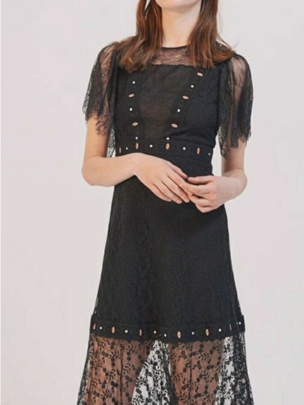Sandro Black Lace Midi Dress with Embellished Accents